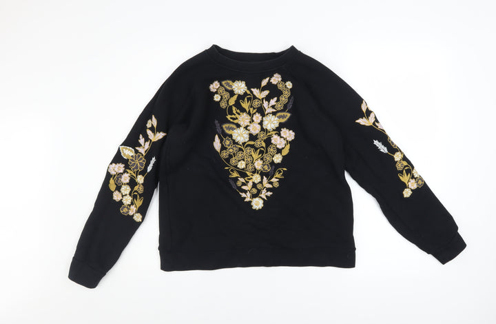 Whistles Women Black Embroidered Floral Cotton Pullover Sweatshirt S