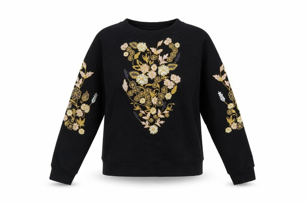 Front view of Whistles Women Black Embroidered Floral Cotton Pullover Sweatshirt S