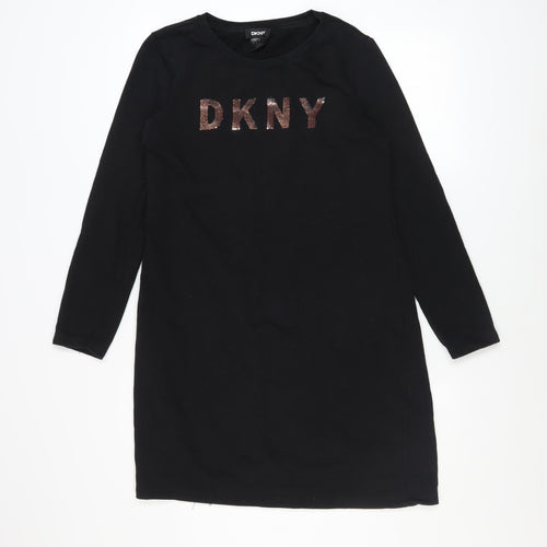 DKNY Womens Black Sequin Logo Long Sleeve T-Shirt Dress Size 12