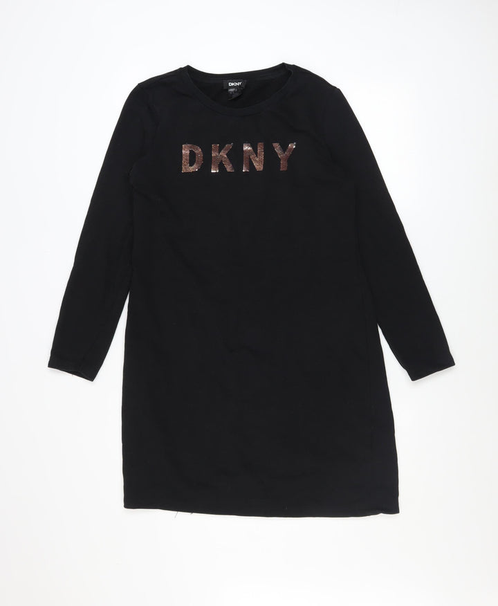 DKNY Womens Black Sequin Logo Long Sleeve T-Shirt Dress Size 12