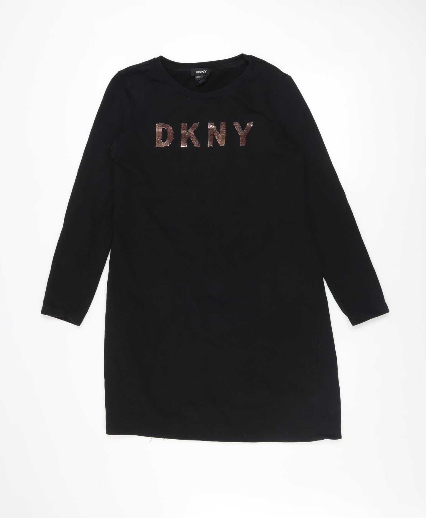 DKNY Womens Black Sequin Logo Long Sleeve T-Shirt Dress Size 12