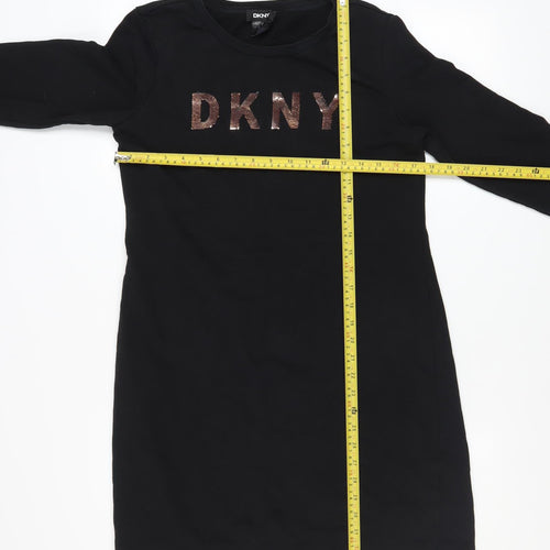 DKNY Womens Black Sequin Logo Long Sleeve T-Shirt Dress Size 12