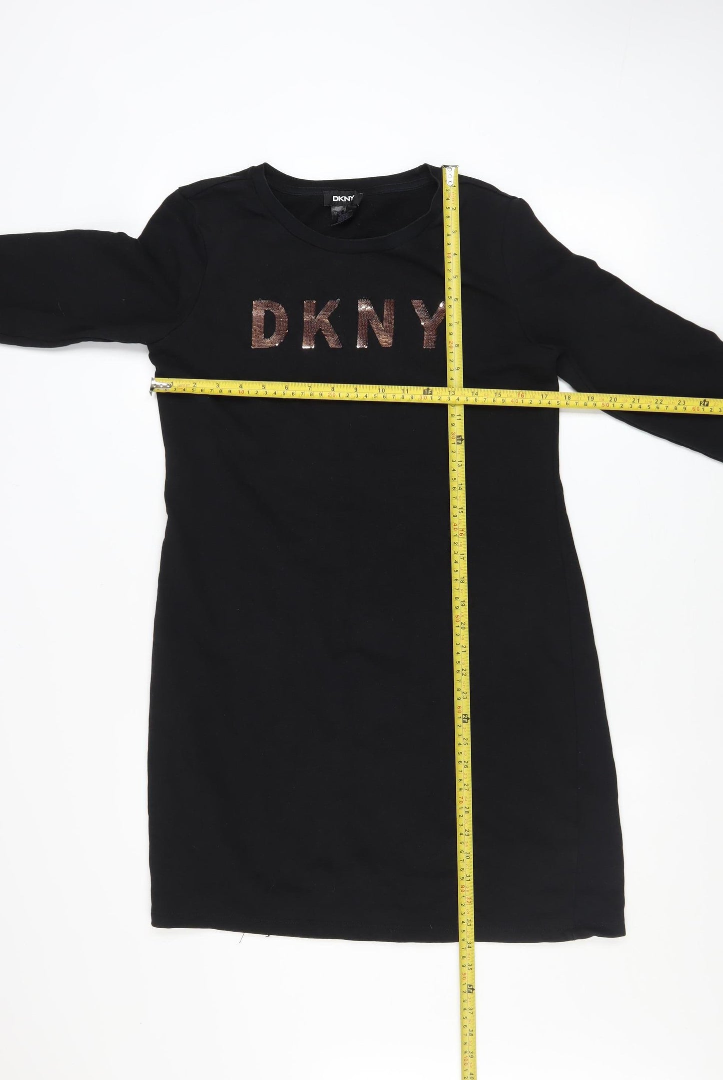 DKNY Womens Black Sequin Logo Long Sleeve T-Shirt Dress Size 12