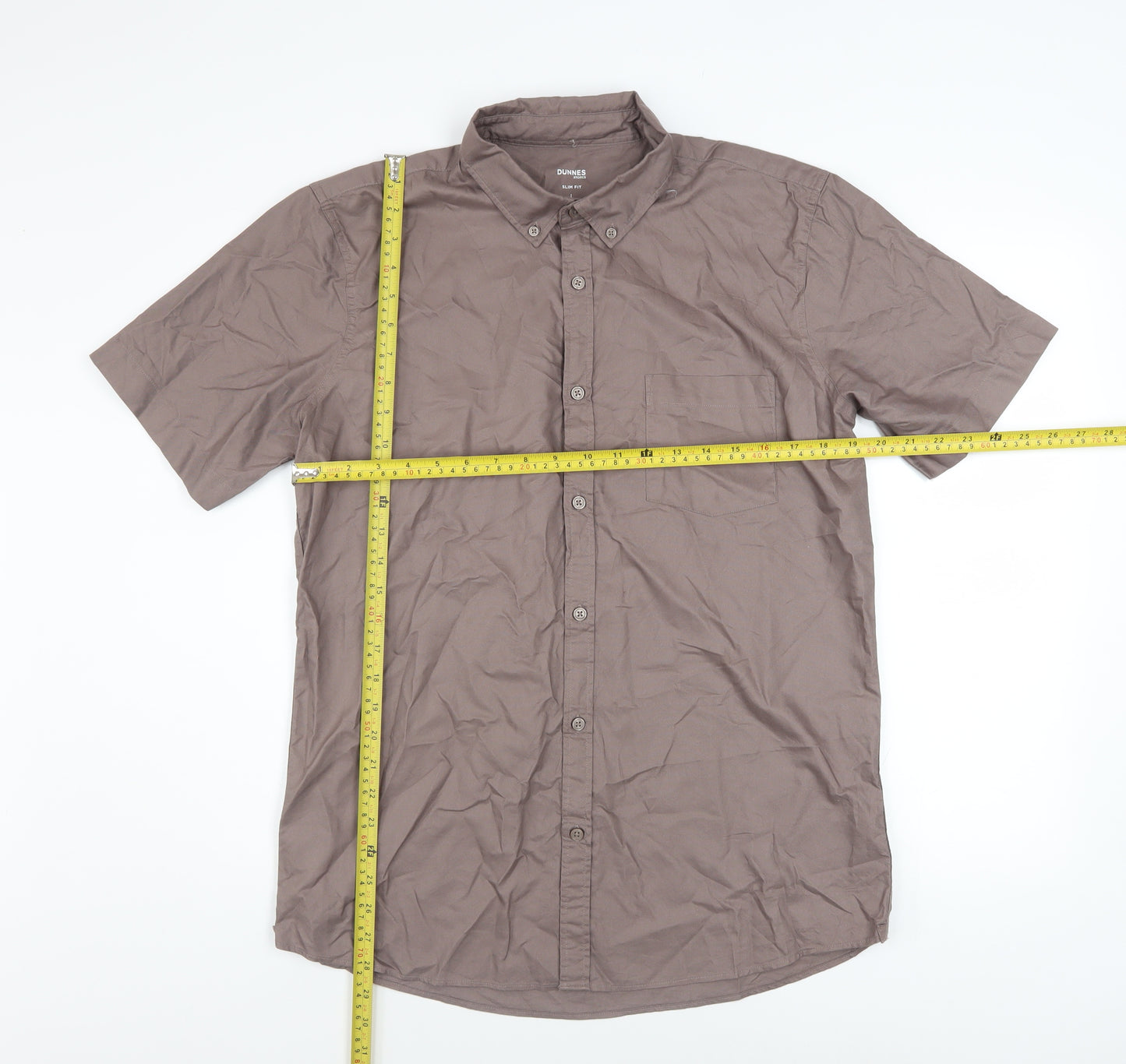 Dunnes Stores Men's Brown Slim Fit Cotton Short Sleeve Shirt L
