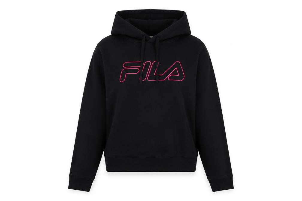 Front view of Fila women’s black hoodie, size UK 12, pullover hooded sweatshirt