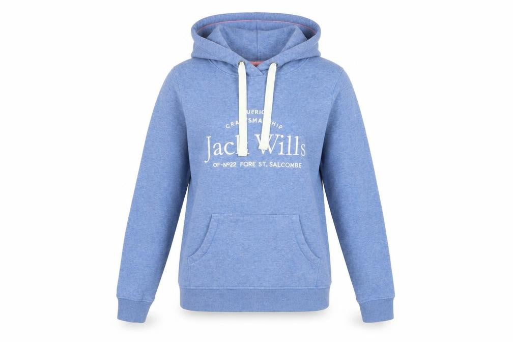 Front view of Jack Wills women’s blue hoodie uk 6 pullover cotton blend logo design