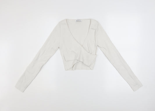 Stradivarius Women Ivory Cropped V-Neck Ribbed Long Sleeve Top Size 12