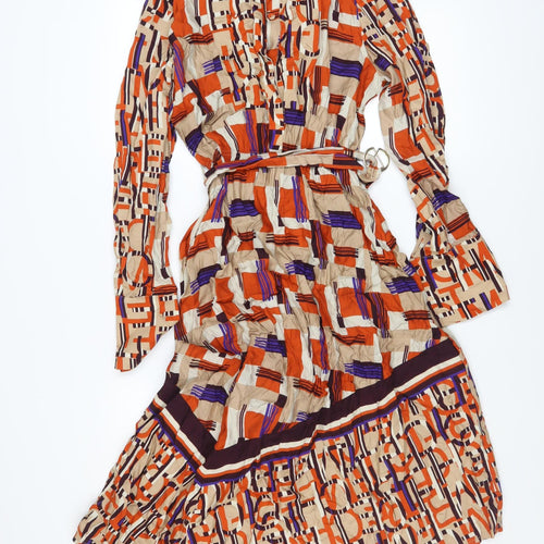 Mariella Rosati Women's Multicoloured Geometric Midi Belted Dress Size 10