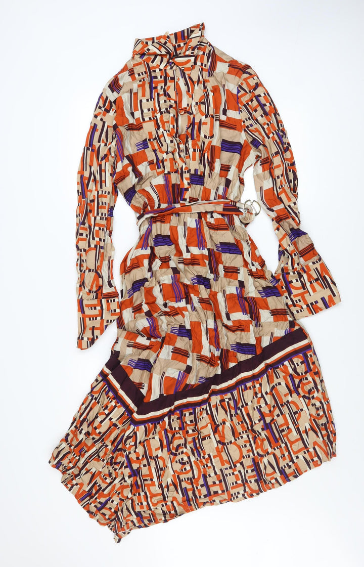 Mariella Rosati Women's Multicoloured Geometric Midi Belted Dress Size 10