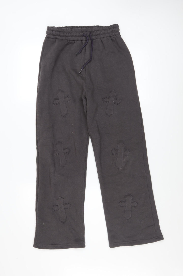 Paris Women Black Cross Applique Sweatpants UK 8 S Elastic Waist