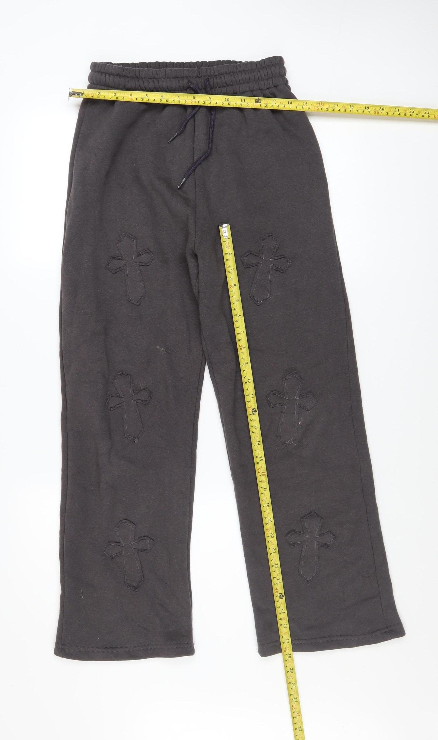 Paris Women Black Cross Applique Sweatpants UK 8 S Elastic Waist