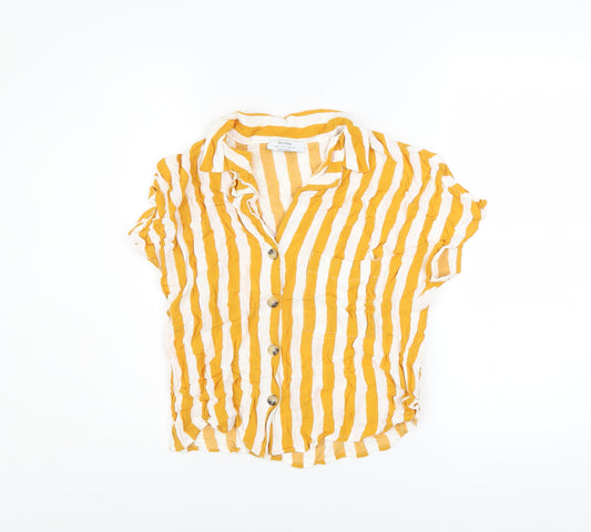 Bershka Women Yellow Striped Button-Up Collared Short Sleeve Shirt Size S