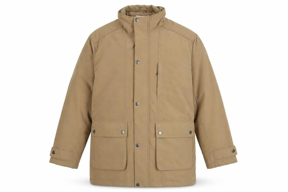 Front view of EWM Men’s Beige Cotton Blend Lined Parka Jacket, size L