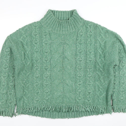 Marks and Spencer Women Green Cable-Knit Roll Neck Fringe Jumper M