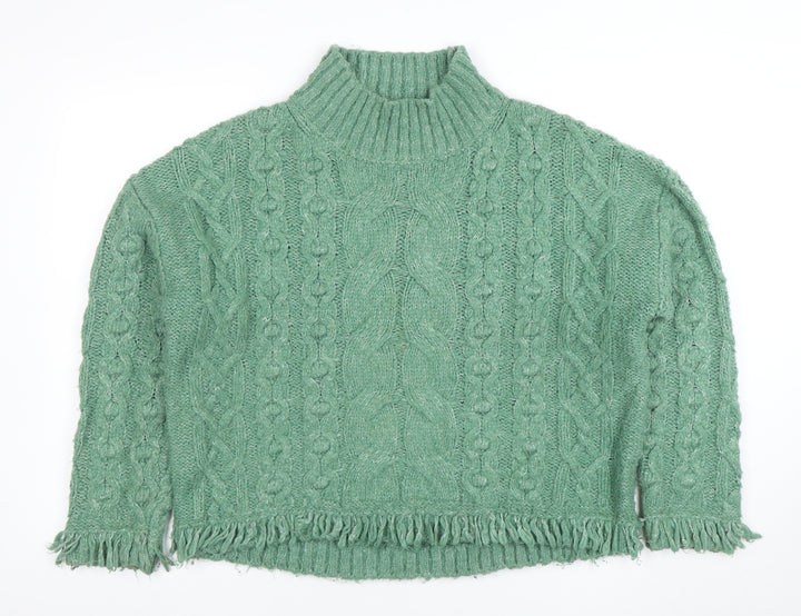 Marks and Spencer Women Green Cable-Knit Roll Neck Fringe Jumper M
