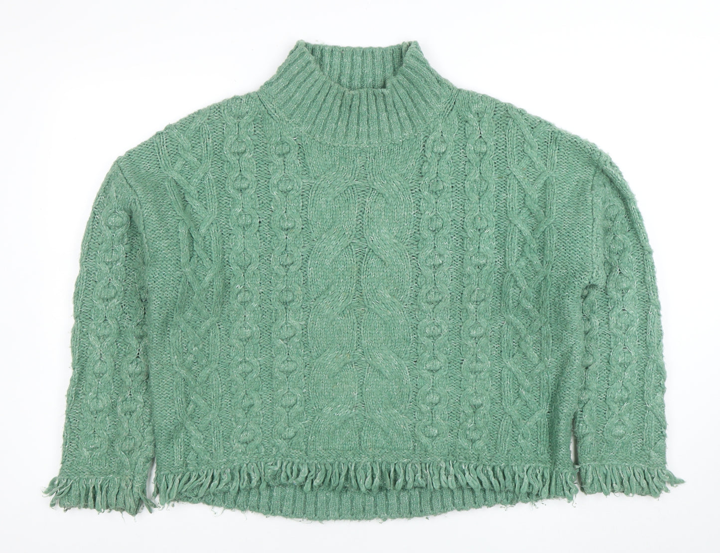 Marks and Spencer Women Green Cable-Knit Roll Neck Fringe Jumper M