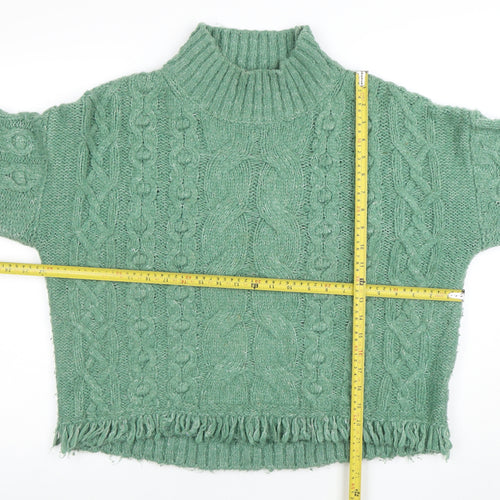 Marks and Spencer Women Green Cable-Knit Roll Neck Fringe Jumper M