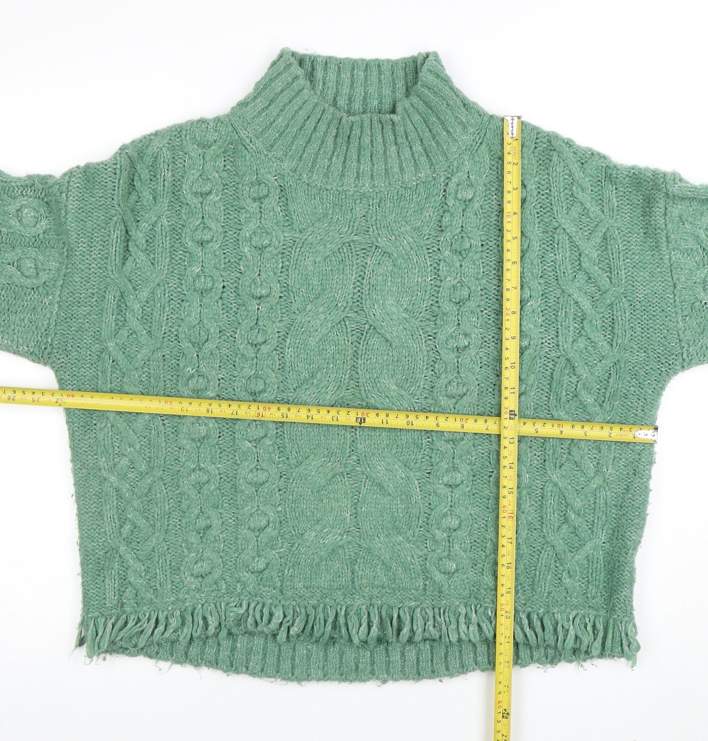 Marks and Spencer Women Green Cable-Knit Roll Neck Fringe Jumper M