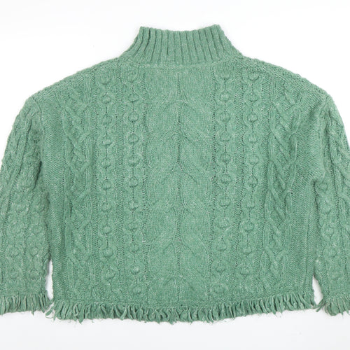 Marks and Spencer Women Green Cable-Knit Roll Neck Fringe Jumper M