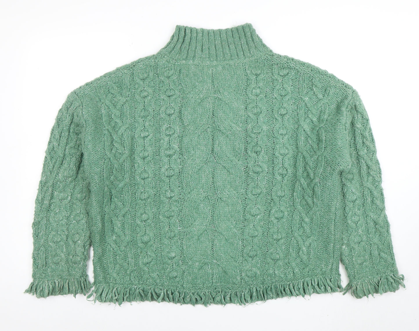 Marks and Spencer Women Green Cable-Knit Roll Neck Fringe Jumper M
