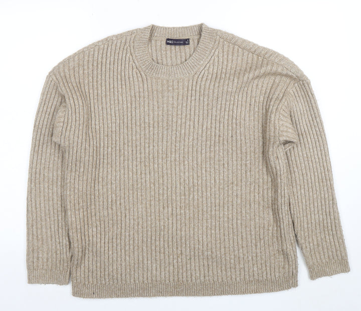 Marks and Spencer Women’s Beige Ribbed Knit Crew Neck Jumper Size M