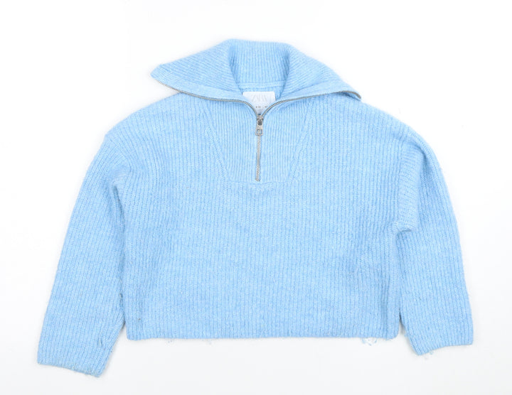 Zara Girls Blue Half Zip Wool Blend Jumper Size 9-10 Years