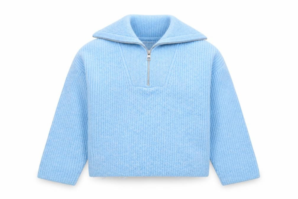 Front view of Zara girls’ blue half zip wool blend jumper, size 9-10, years