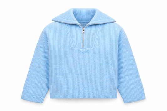 Front view of Zara girls’ blue half zip wool blend jumper, size 9-10, years