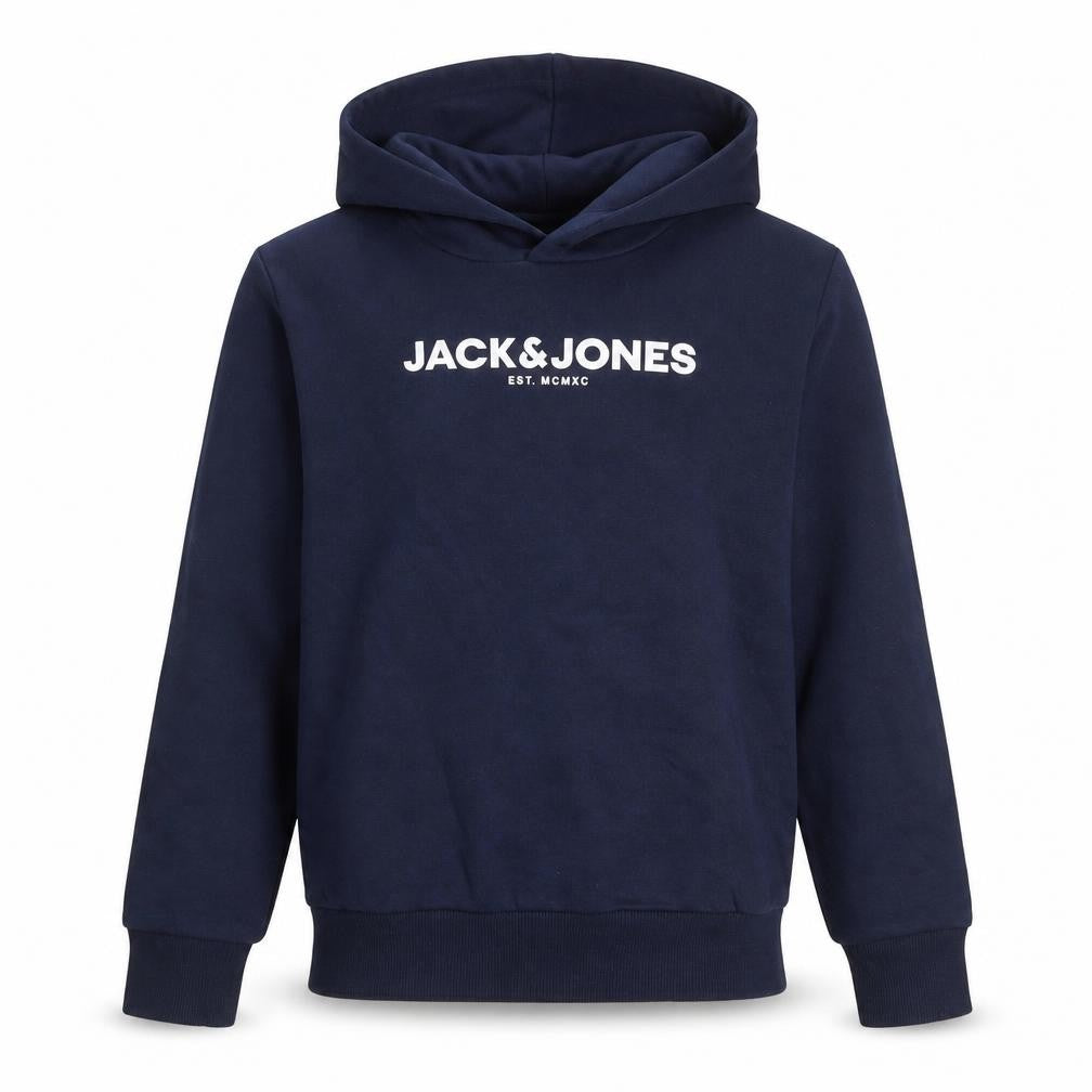Front view of Jack & Jones boys’ navy pullover hoodie, size 152, cotton blend logo design