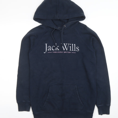 Jack Wills Women Navy Pullover Hoodie UK 8 Logo Print Cotton Blend
