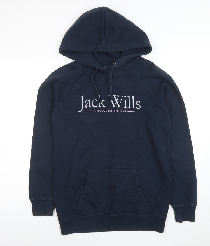 Jack Wills Women Navy Pullover Hoodie UK 8 Logo Print Cotton Blend