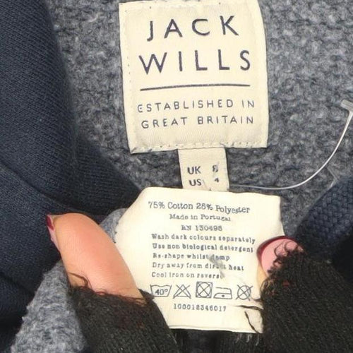 Jack Wills Women Navy Pullover Hoodie UK 8 Logo Print Cotton Blend