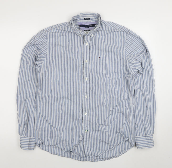 Tommy Hilfiger Men's Blue Striped Button-Down Shirt M Custom Fit