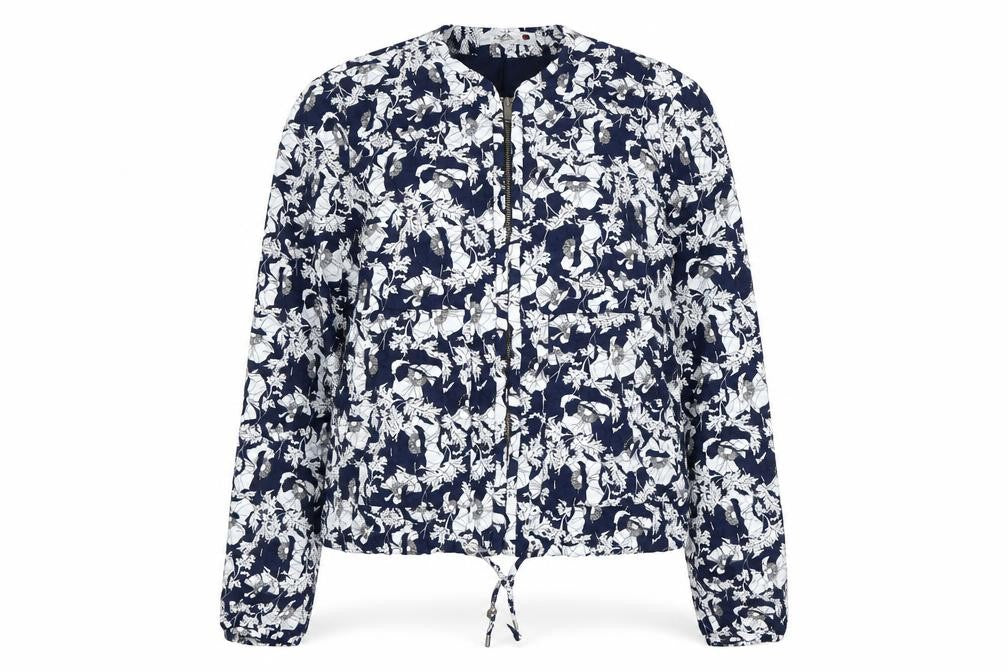 Front view of Zara Trafaluc Women's Blue Floral Bomber Jacket, size 10, Lightweight
