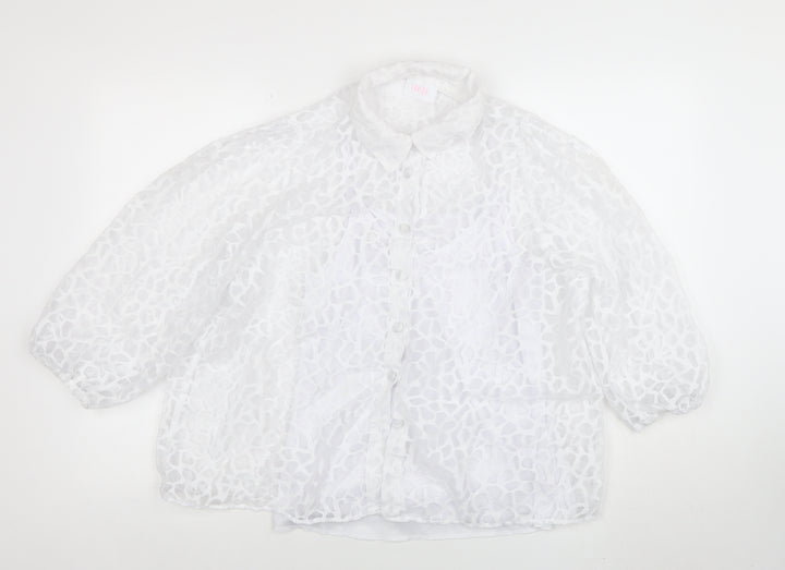 Saviion White Lace Sheer 3/4 Sleeve Collared Women's Blouse Size 14