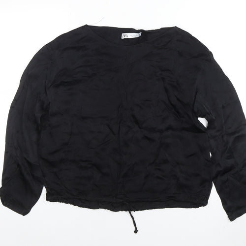 ZARA Women Black Silk Cropped Blouse Long Sleeve S