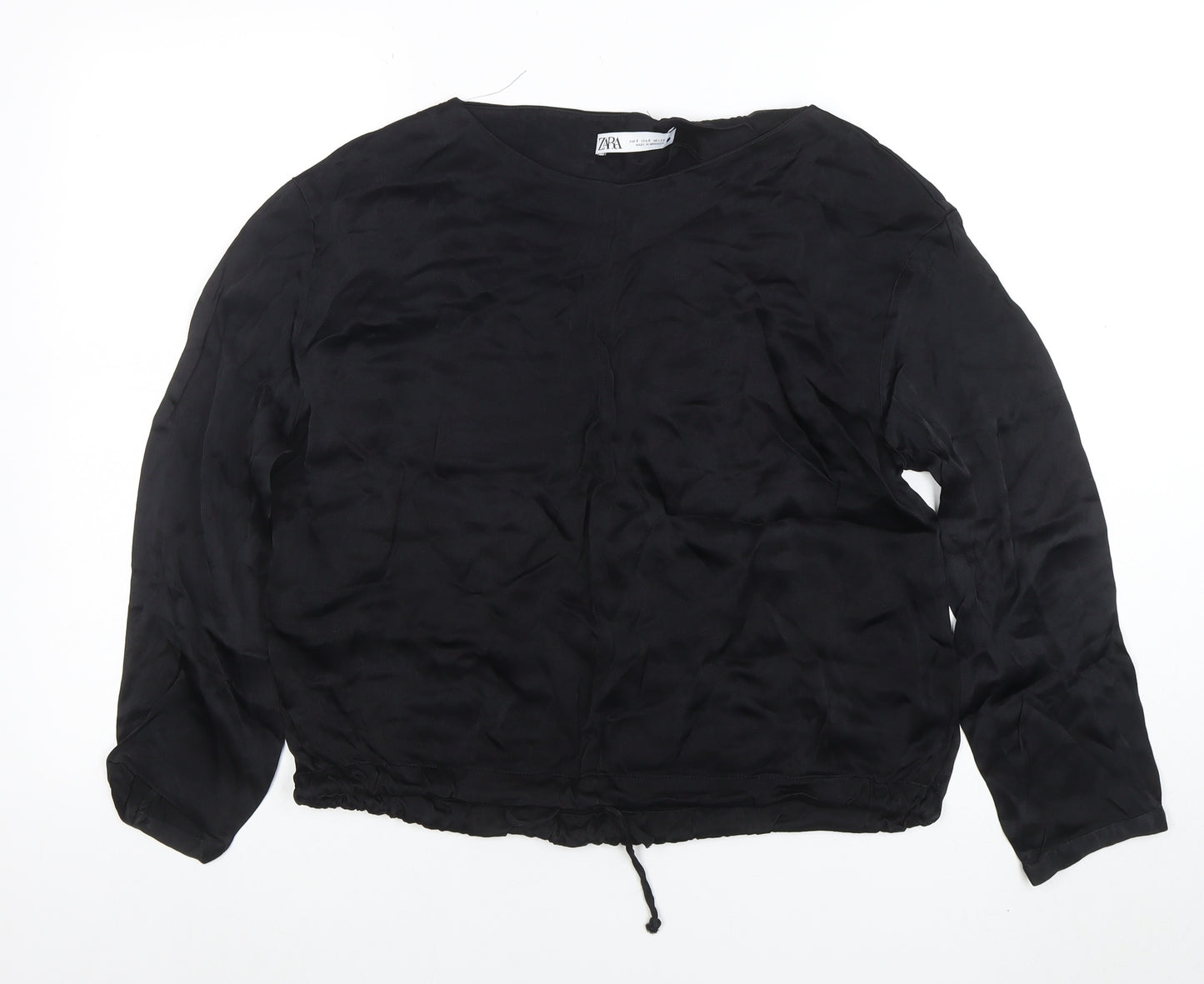 ZARA Women Black Silk Cropped Blouse Long Sleeve S