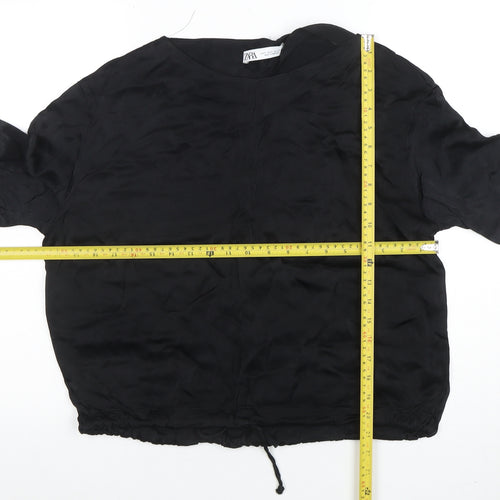 ZARA Women Black Silk Cropped Blouse Long Sleeve S