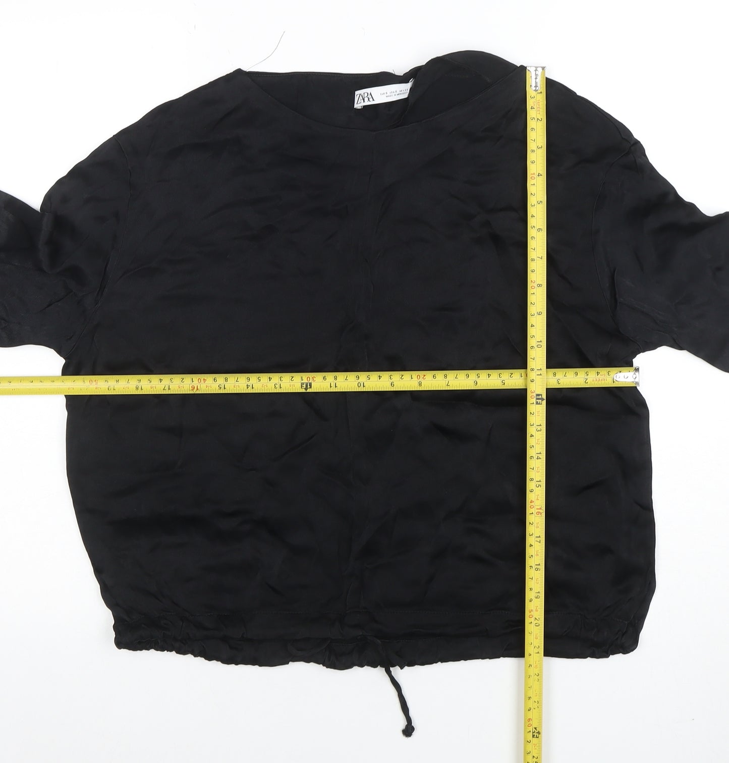 ZARA Women Black Silk Cropped Blouse Long Sleeve S