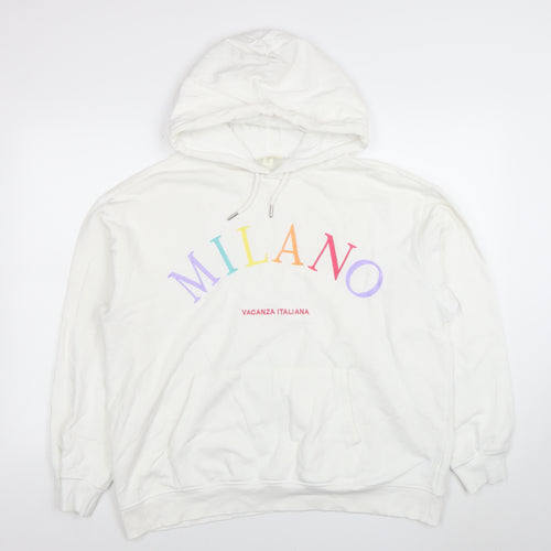 H&M Women White Milano Graphic Pullover Hoodie Size 12 Cotton Blend