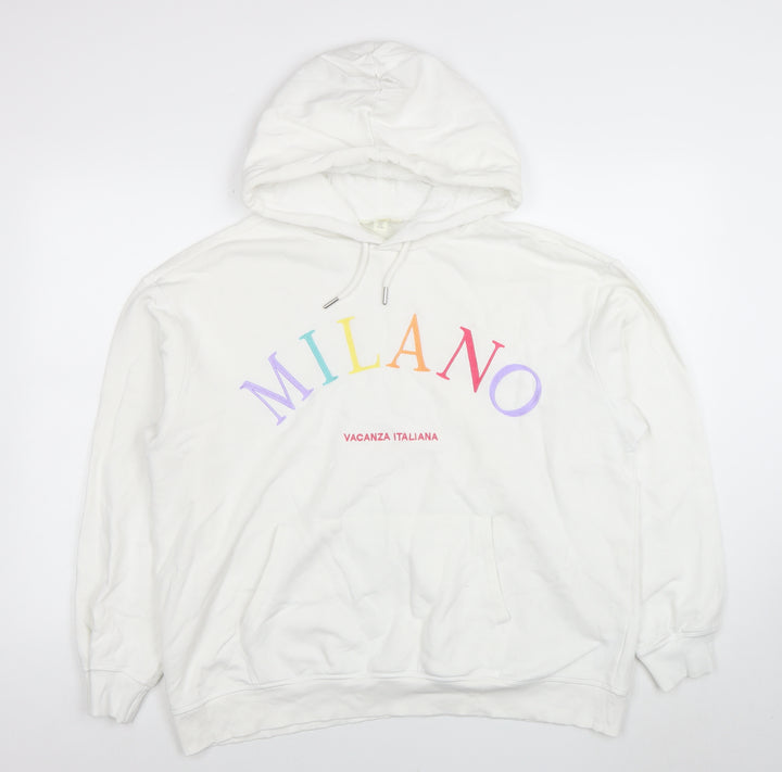 H&M Women White Milano Graphic Pullover Hoodie Size 12 Cotton Blend