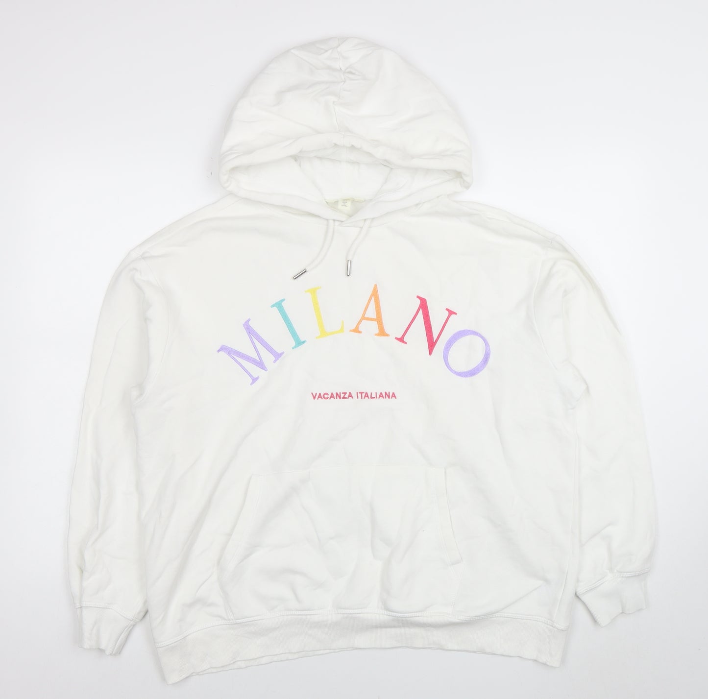 H&M Women White Milano Graphic Pullover Hoodie Size 12 Cotton Blend