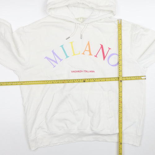 H&M Women White Milano Graphic Pullover Hoodie Size 12 Cotton Blend