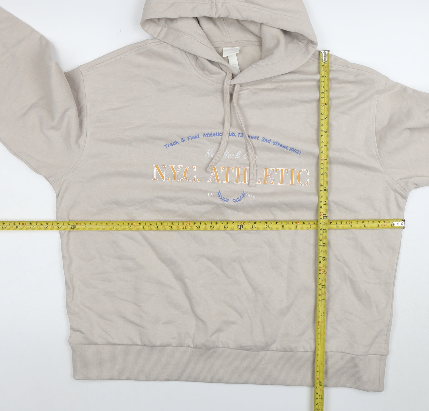 H&M Womens Beige Hoodie NYC Athletic Print Size 12 Cotton Blend