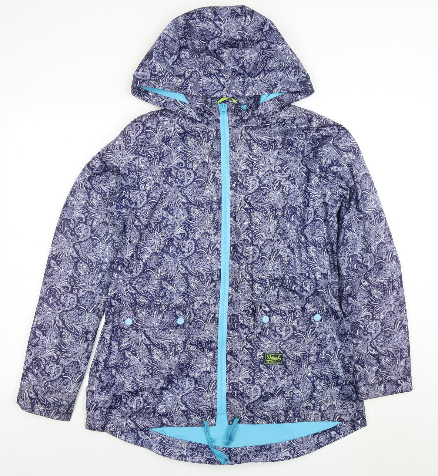 Diesel Women Blue Paisley Hooded Rain Jacket Size M