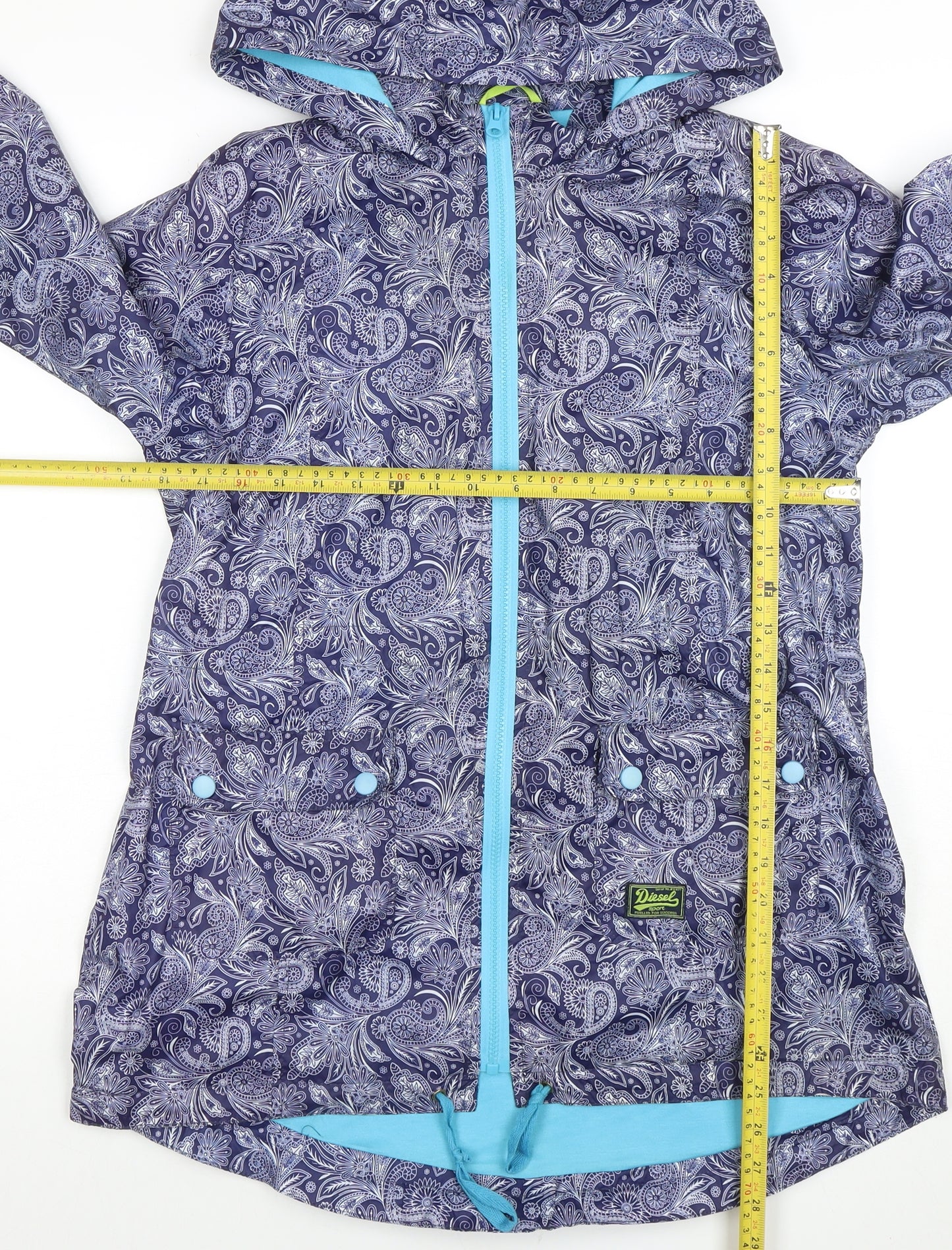 Diesel Women Blue Paisley Hooded Rain Jacket Size M