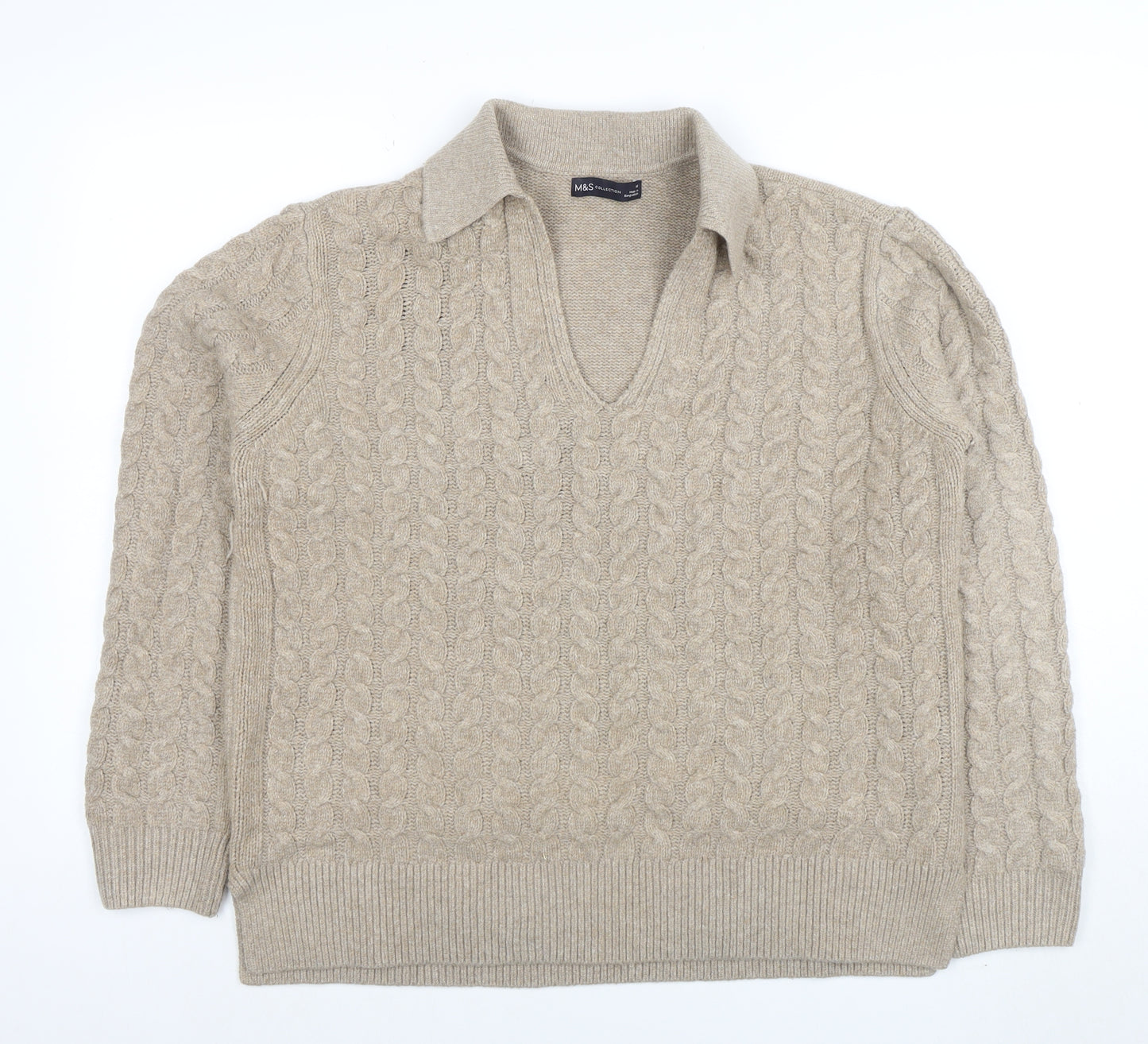 Marks and Spencer Women’s Beige Wool Blend Cable Knit V-Neck Jumper M