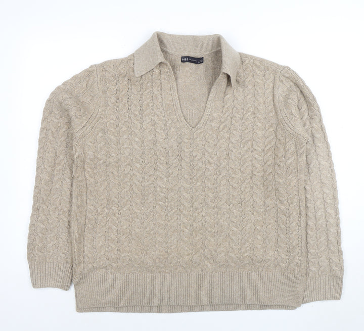 Marks and Spencer Women’s Beige Wool Blend Cable Knit V-Neck Jumper M