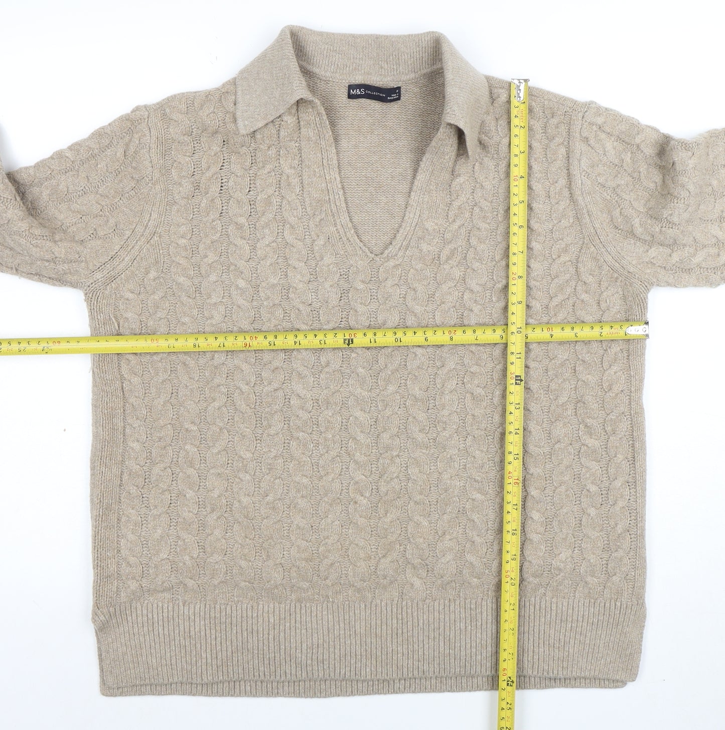 Marks and Spencer Women’s Beige Wool Blend Cable Knit V-Neck Jumper M