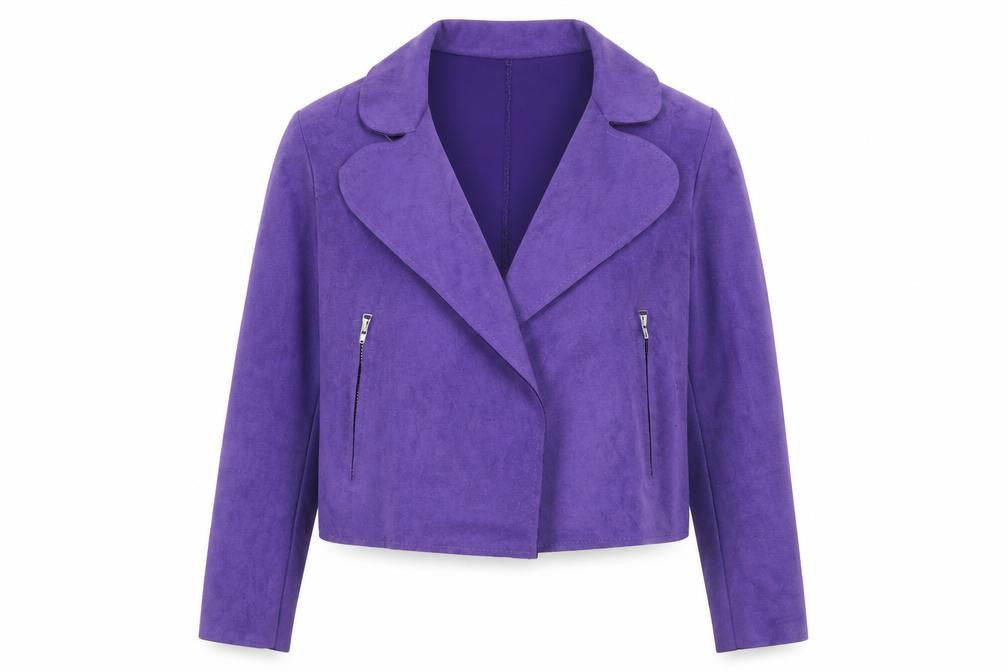 Front view of Pala D’Oro Women Purple Suede Look Biker Jacket, size S